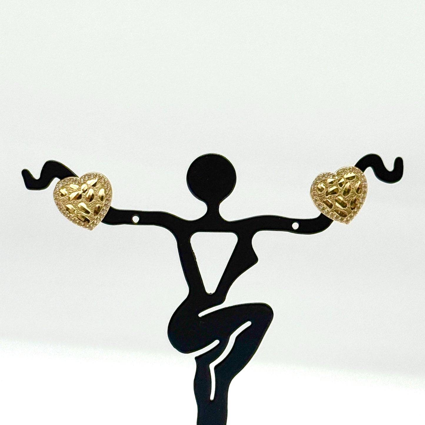 10K Yellow Gold CZ Nugget Heart Earrings 13mm Diamond Cut Studs 2.8g