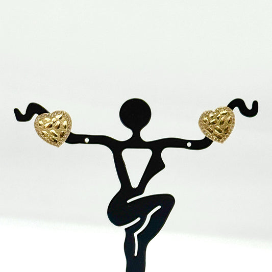 10K Yellow Gold CZ Nugget Heart Earrings 13mm Diamond Cut Studs 2.8g