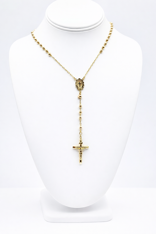14K Yellow Gold Rosary Necklace 24 Inch Beaded Rosario 4mm 13.9 Grams Cross Pendant