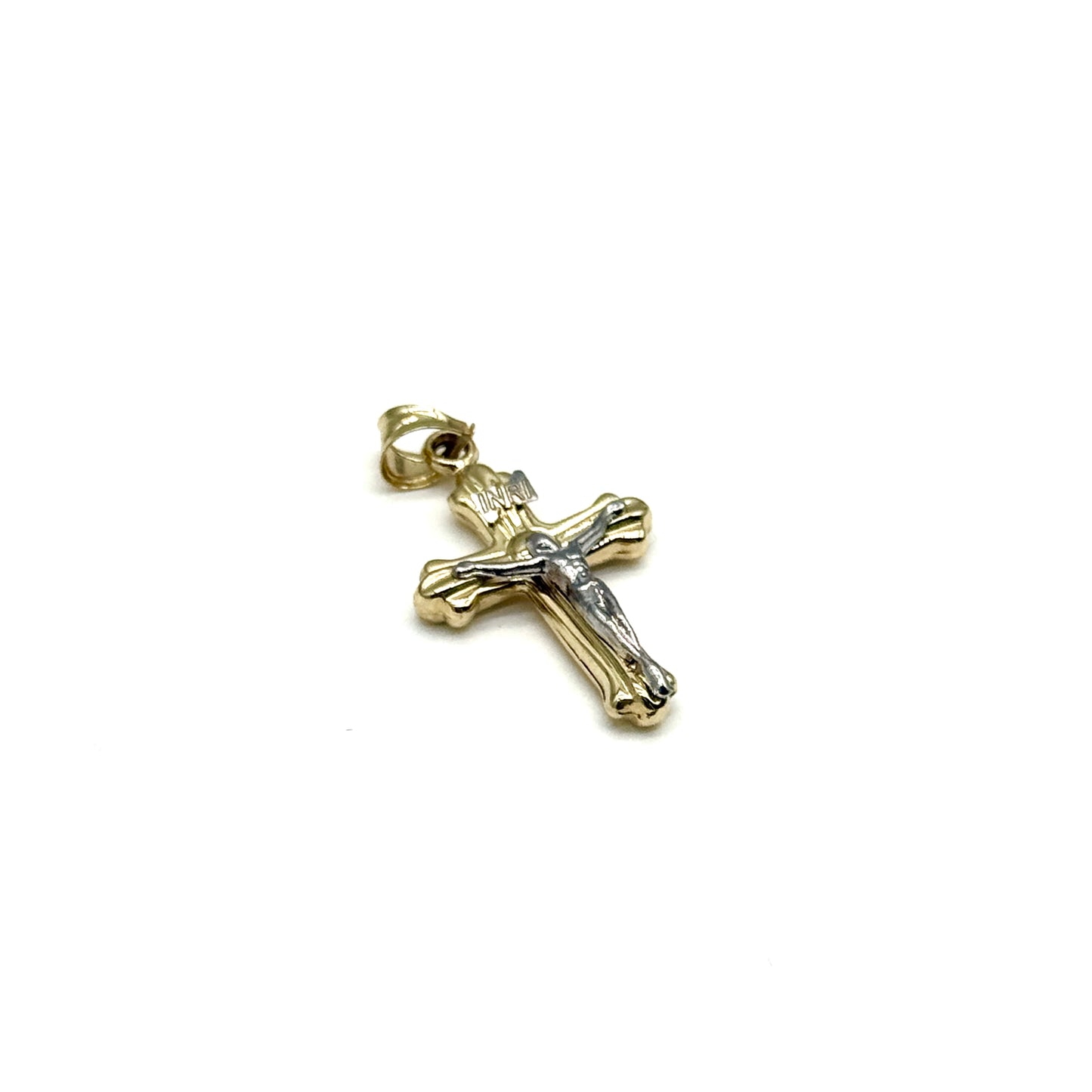 14K Two Tone Gold Crucifix Cross Pendant 1” Religious Charm 1.2 Grams