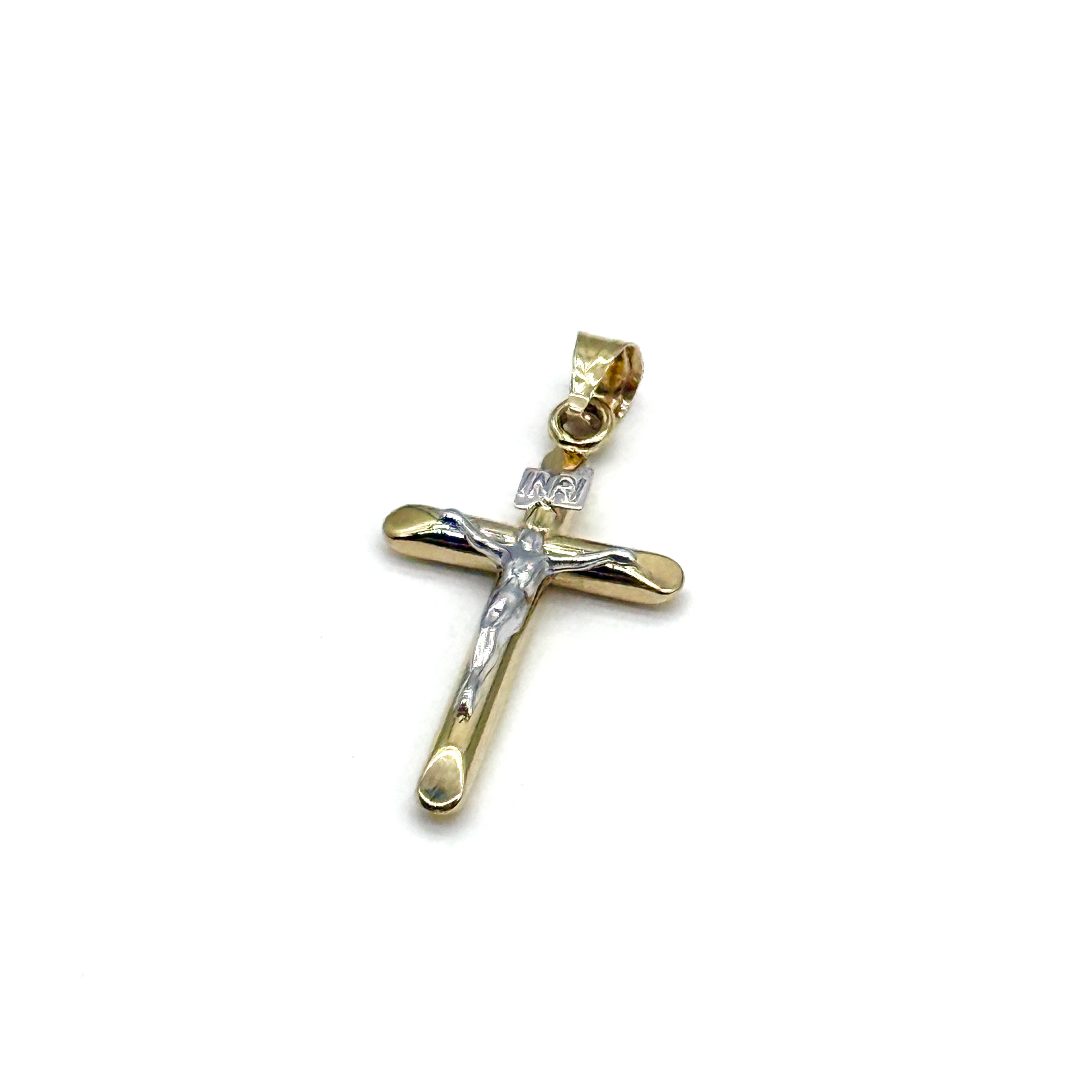 14K Two Tone Gold Crucifix Pendant 1 Inch Religious Cross 0.6 Grams