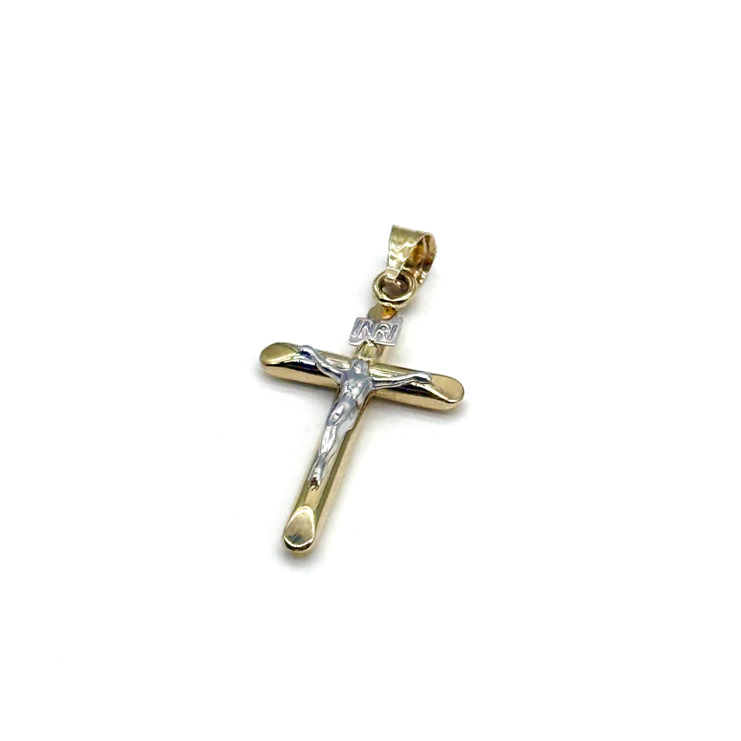 14K Two Tone Gold Crucifix Pendant 1 Inch Religious Cross 0.6 Grams