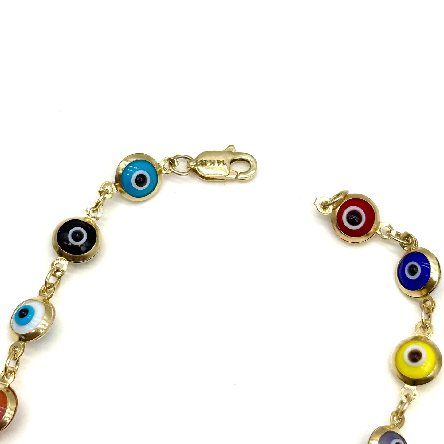 14K Yellow Gold Multicolor Evil Eye Bracelet 7” Protection Charm 3.5G