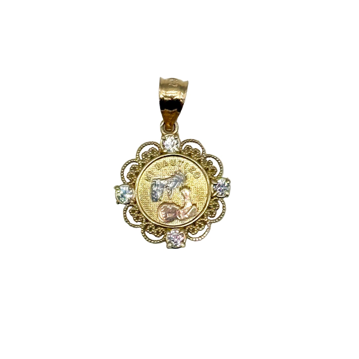 14K Three-Tone Gold Mi Bautizo Pendant 1” CZ Religious Baby Medal 1.7g