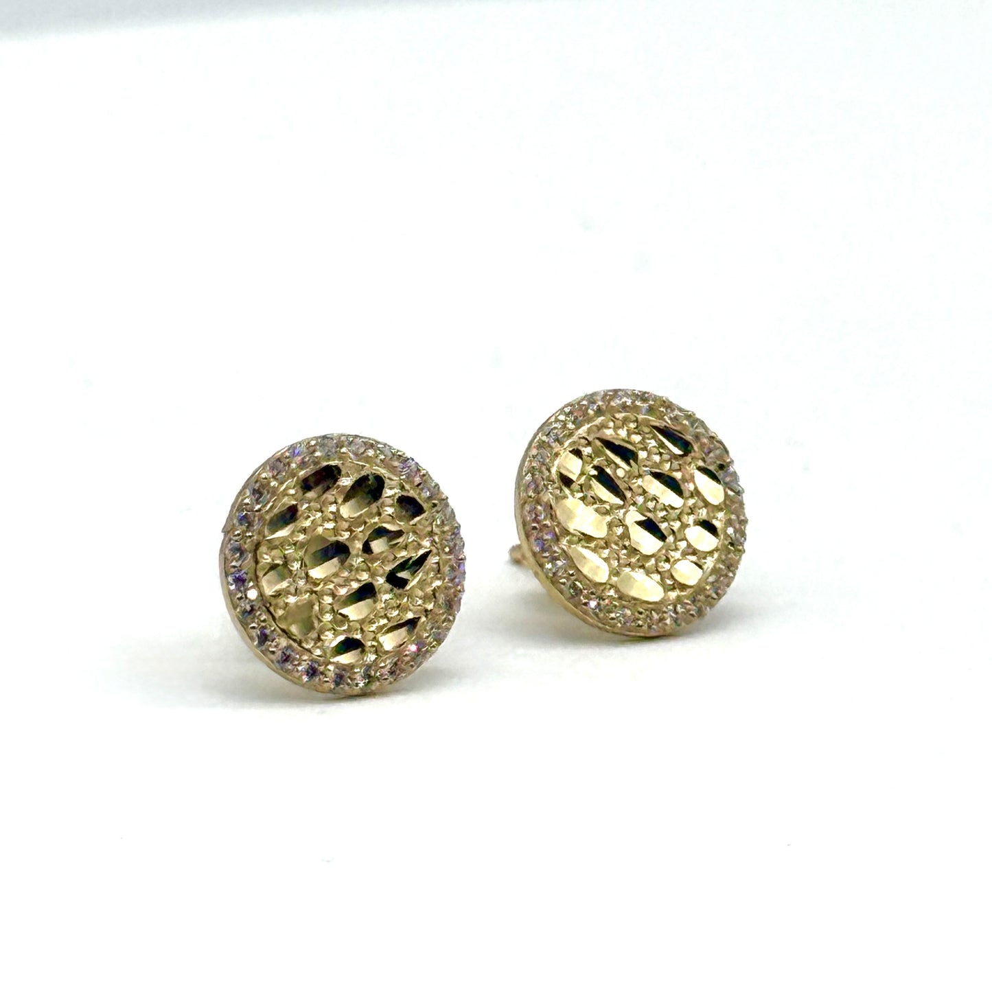 14K Yellow Gold CZ Nugget Earrings 10mm Round Textured Halo Studs 1.7 Grams