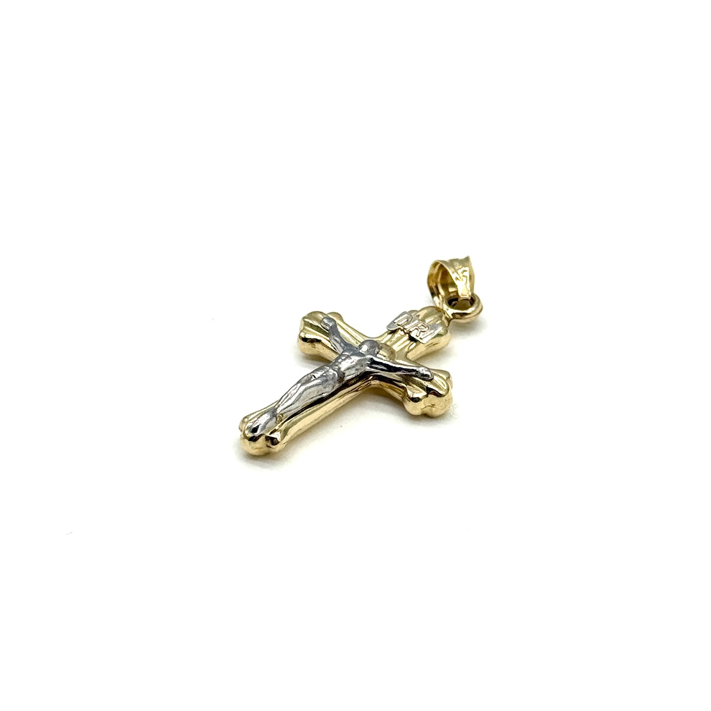 14K Two Tone Gold Crucifix Cross Pendant 1” Religious Charm 1.2 Grams