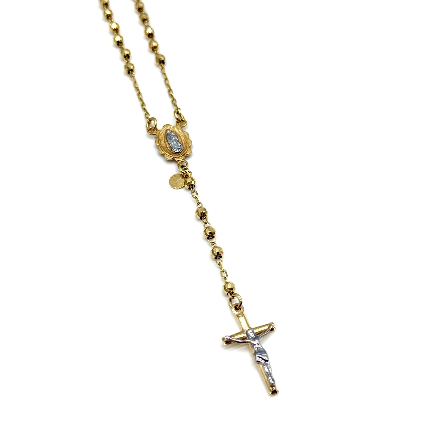 14K Yellow Gold Rosary Necklace 18 Inch 3mm Beaded 7 Grams Cross Pendant