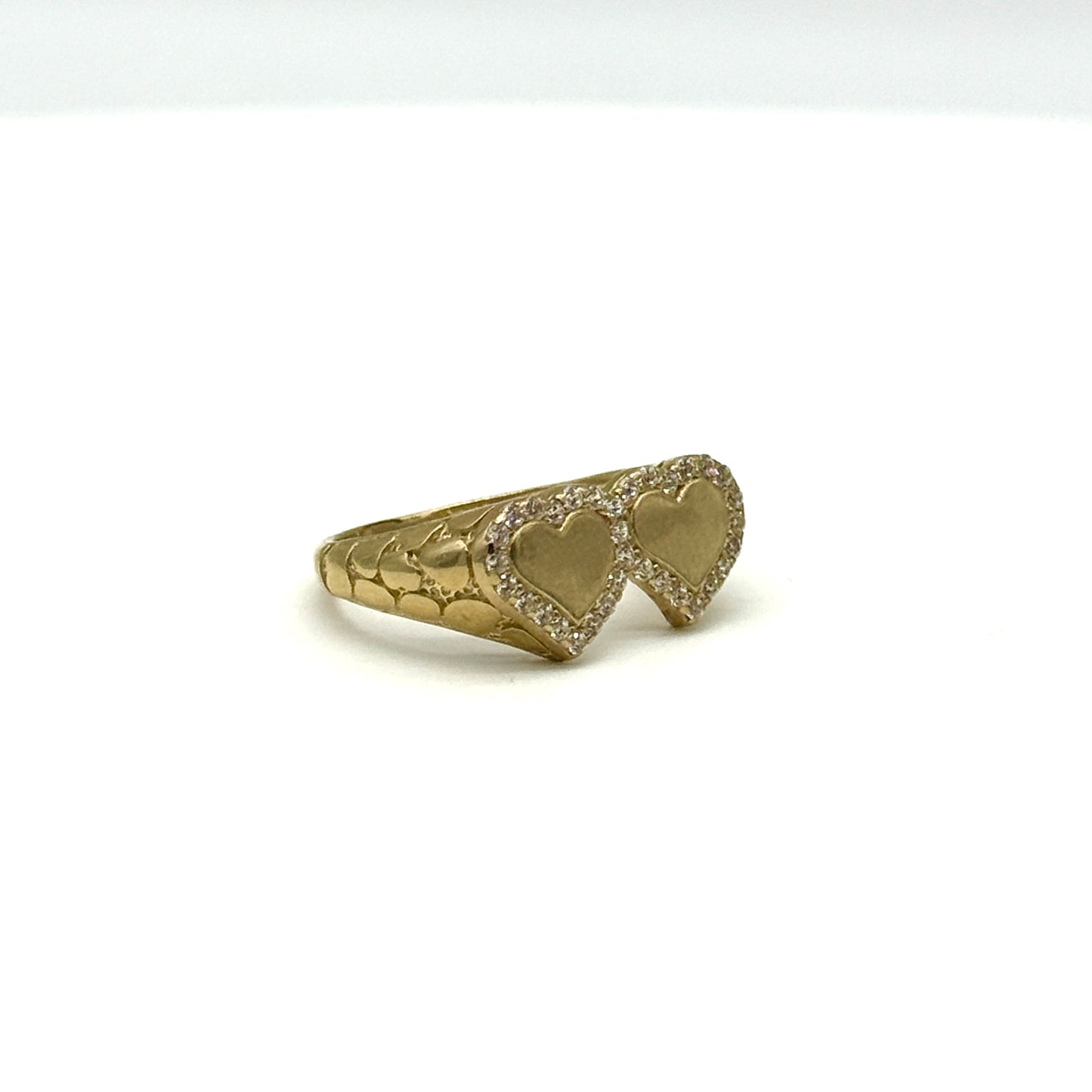 10K Yellow Gold Double Heart Nugget Ring CZ Diamond Cut Size 8.5 3.5g