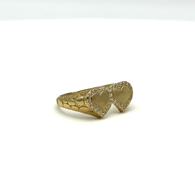 10K Yellow Gold Double Heart Nugget Ring CZ Diamond Cut Size 8.5 3.5g