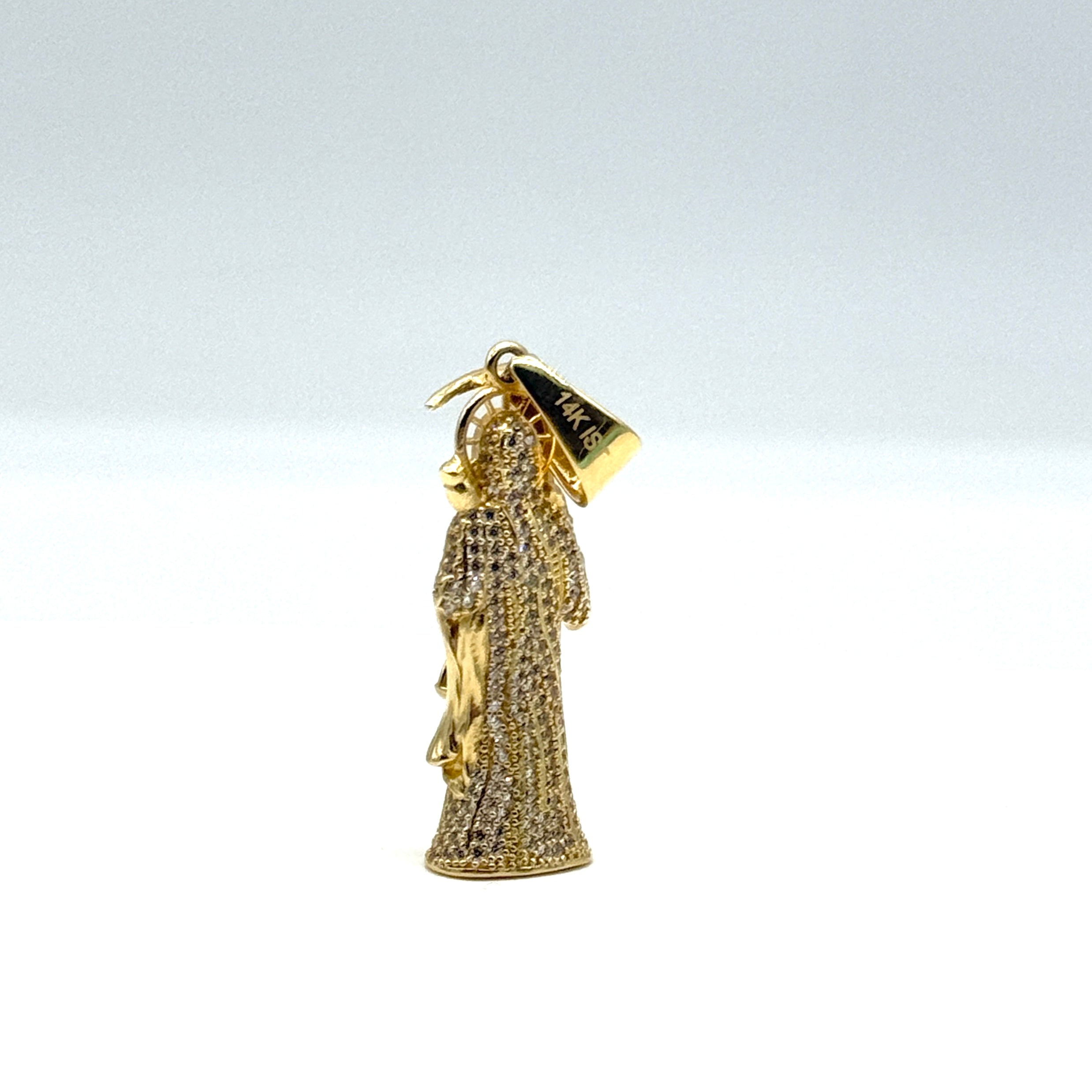 14K Yellow Gold Santa Muerte CZ’s Pendant 2 Inch Solid Gold Religious Charm 9.9 Grams