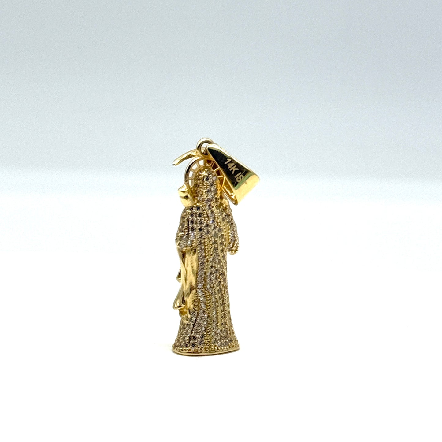 14K Yellow Gold Santa Muerte CZ’s Pendant 2 Inch Solid Gold Religious Charm 9.9 Grams