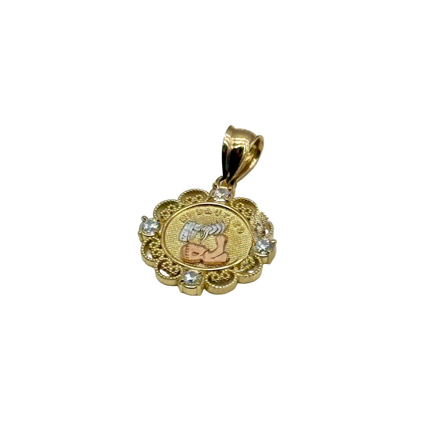 14K Three-Tone Gold Mi Bautizo Pendant 1” CZ Religious Baby Medal 1.7g
