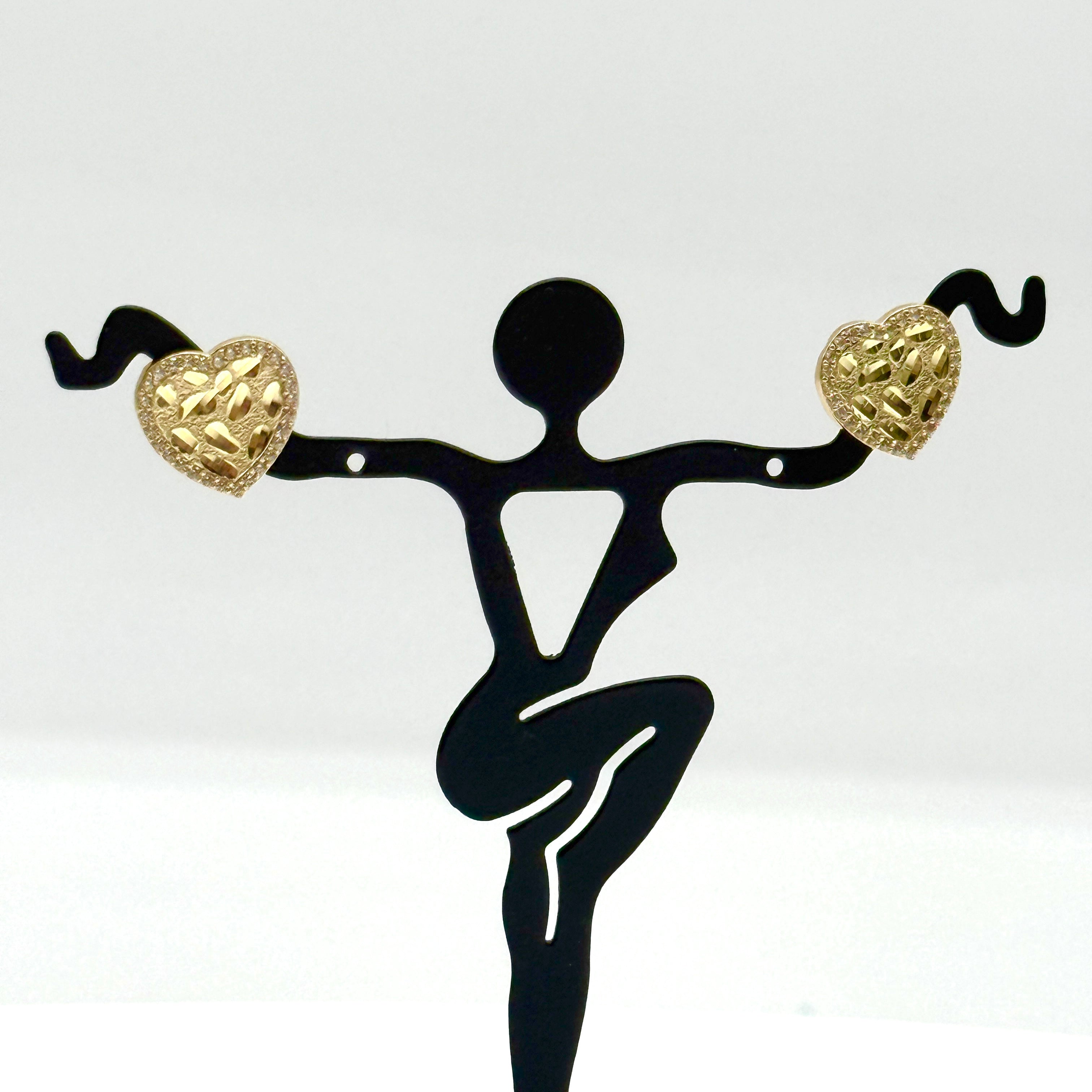 10K Yellow Gold CZ Nugget Heart Earrings 13mm Diamond Cut Studs 2.8g