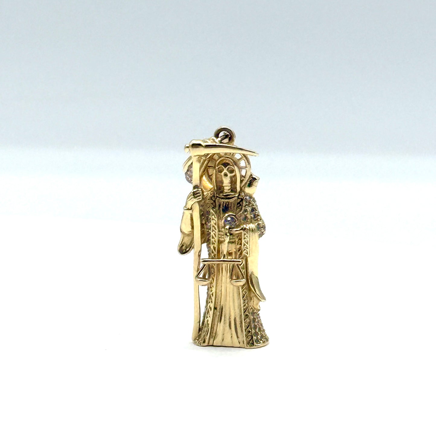 14K Yellow Gold Santa Muerte CZ’s Pendant 2 Inch Solid Gold Religious Charm 9.9 Grams