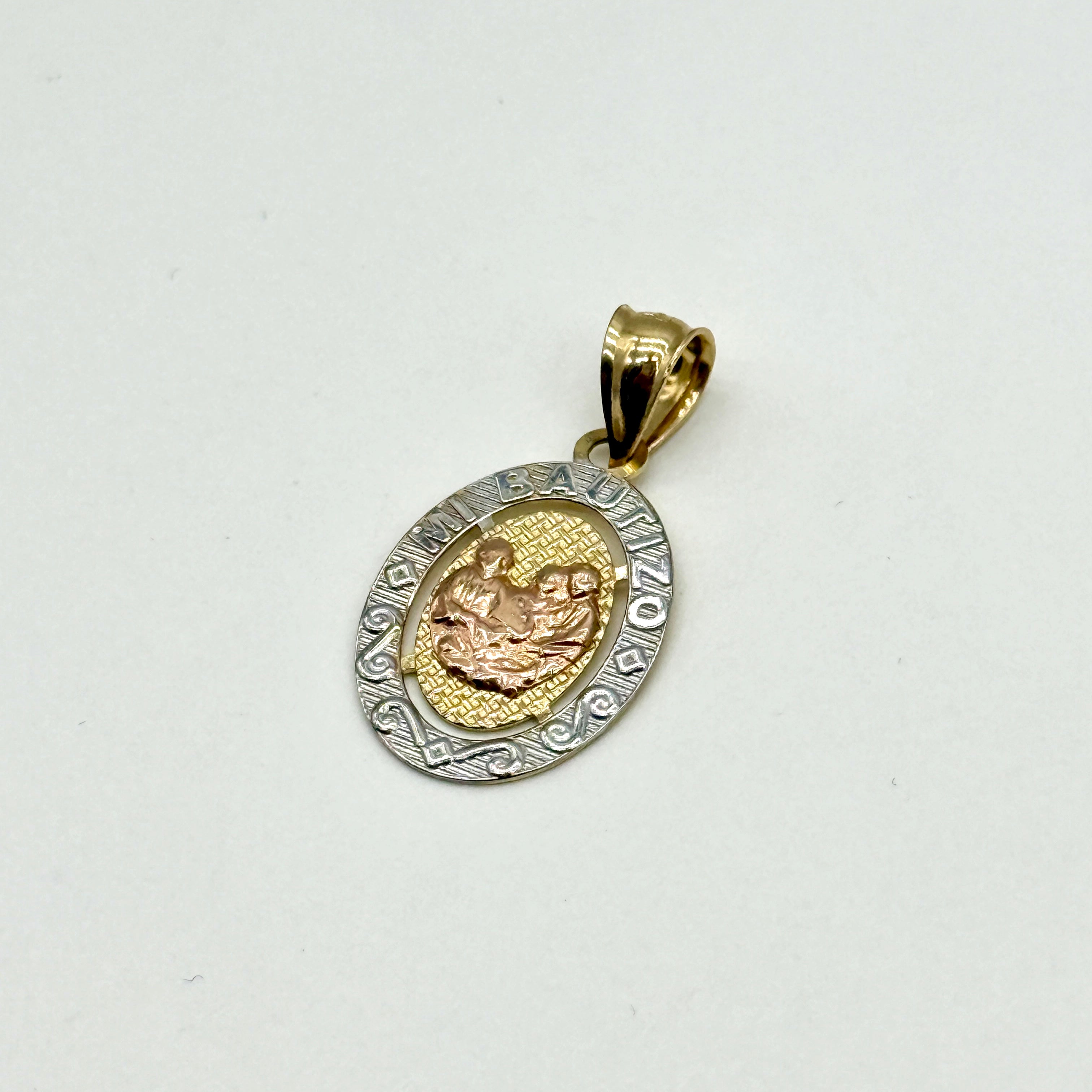 14K Three-Tone Gold Mi Bautizo Oval Pendant 1” Religious Baby Medal 2.2g