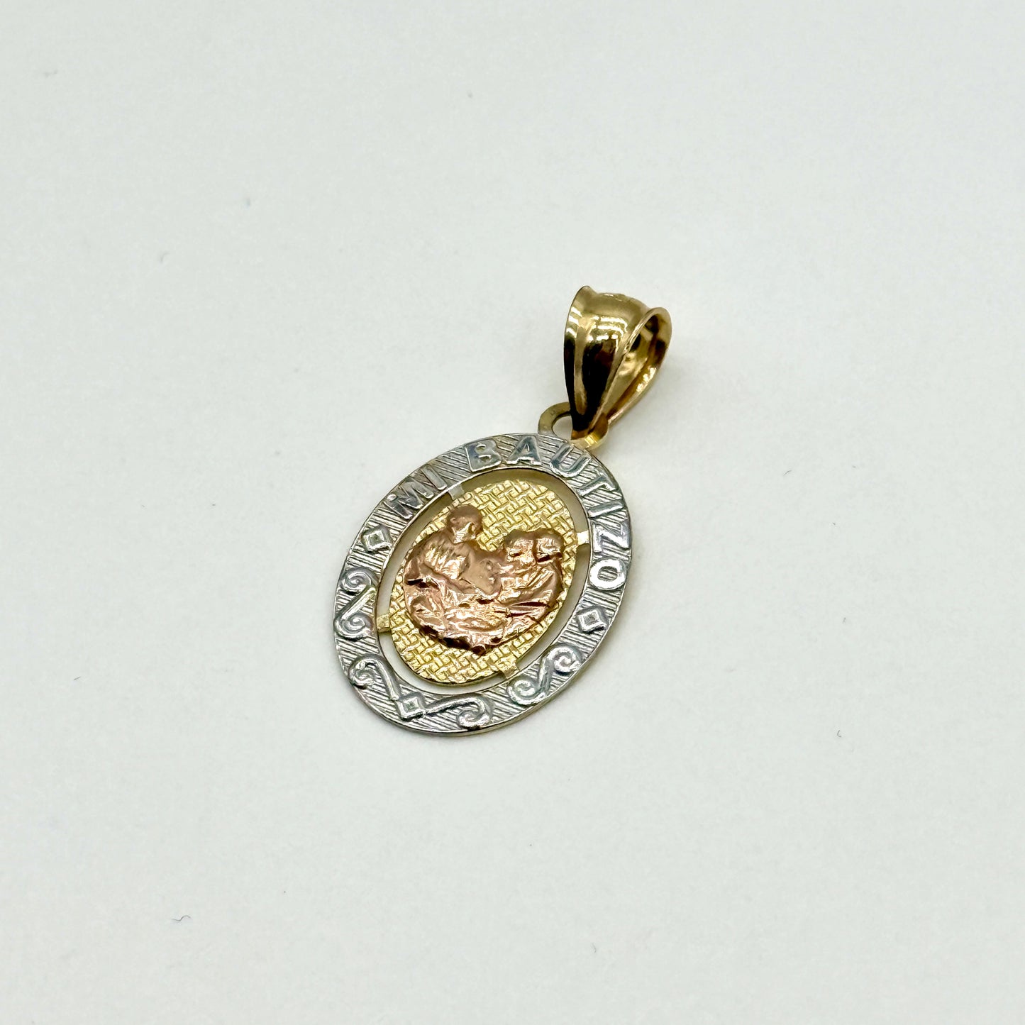 14K Three-Tone Gold Mi Bautizo Oval Pendant 1” Religious Baby Medal 2.2g