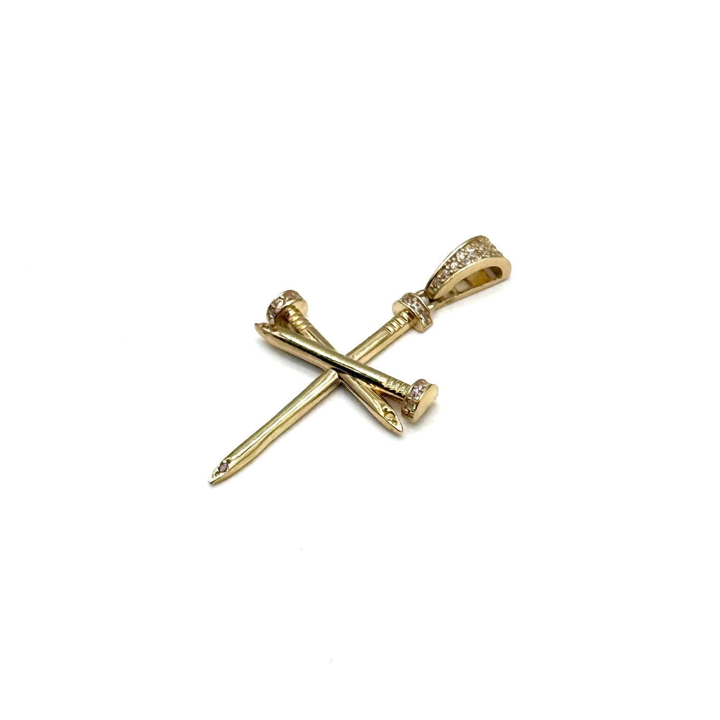 14K Yellow Gold CZ Cross Pendant with Nails 1.75 Inch Religious Crucifix Style Charm 2.8 Grams