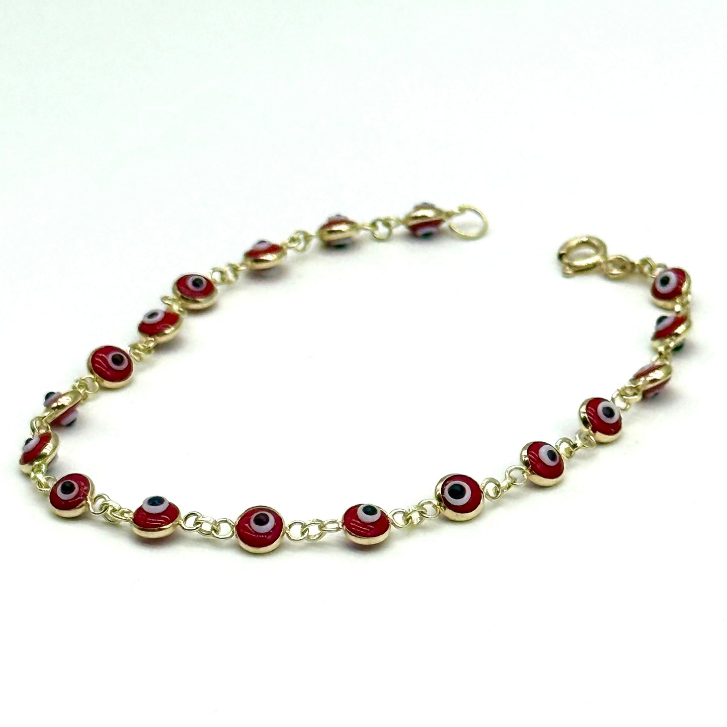 14K Yellow Gold Red Evil Eye Bracelet 7” 4.3mm 2.4 Grams Beads Protection Charm