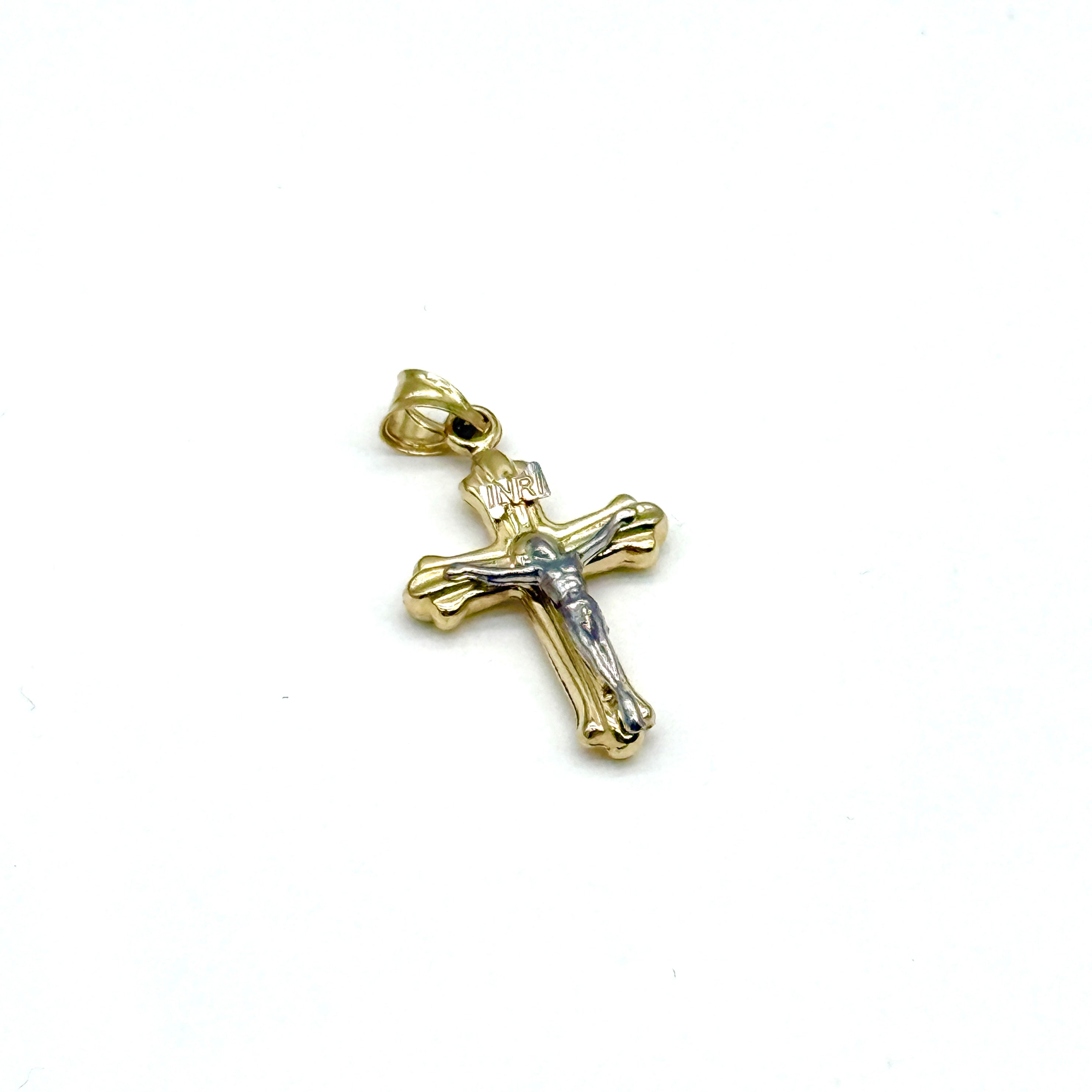 14K Two Tone Gold Crucifix Cross Pendant 1” Religious Charm 1.2 Grams