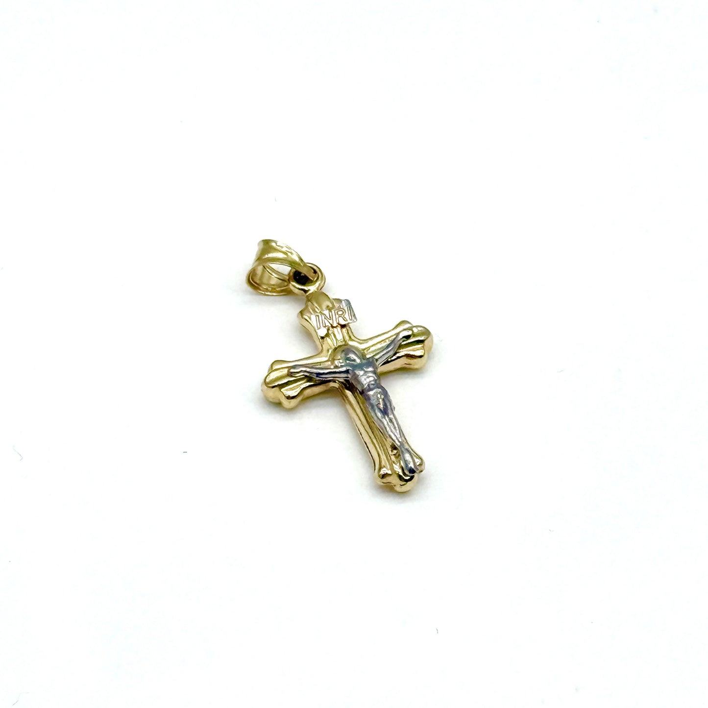 14K Two Tone Gold Crucifix Cross Pendant 1” Religious Charm 1.2 Grams
