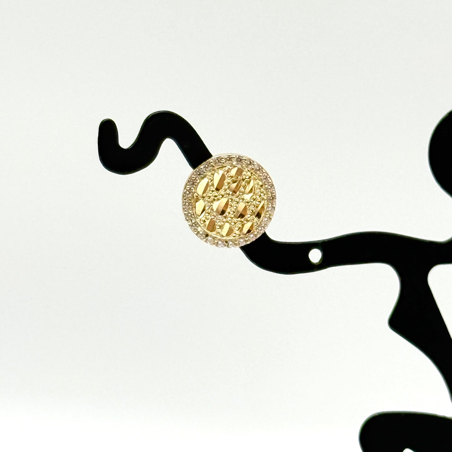 14K Yellow Gold CZ Nugget Earrings 10mm Round Textured Halo Studs 1.7 Grams