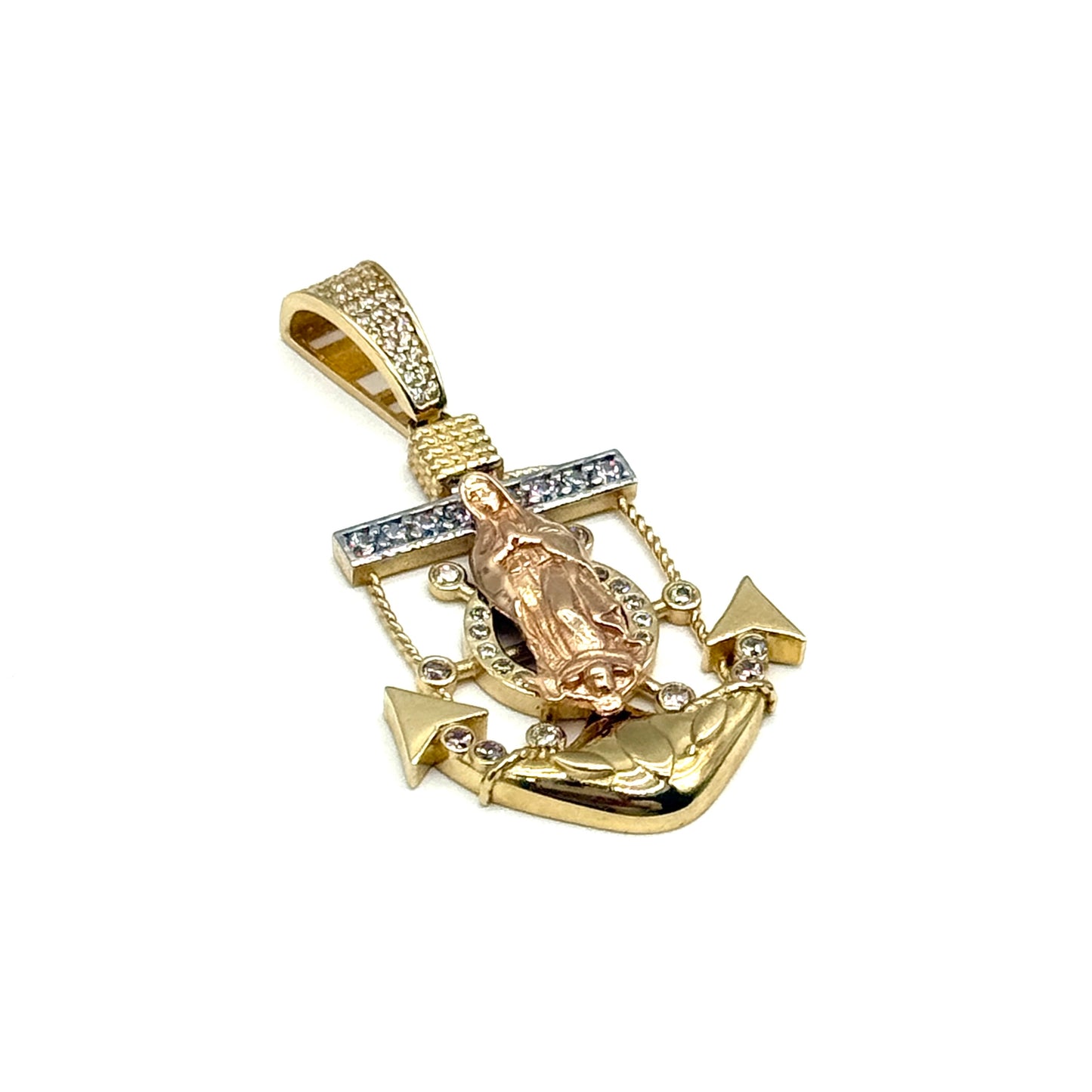 14K Three Tone Gold CZ Anchor Pendant 2 Inch Religious Nautical Charm 7.7 Grams