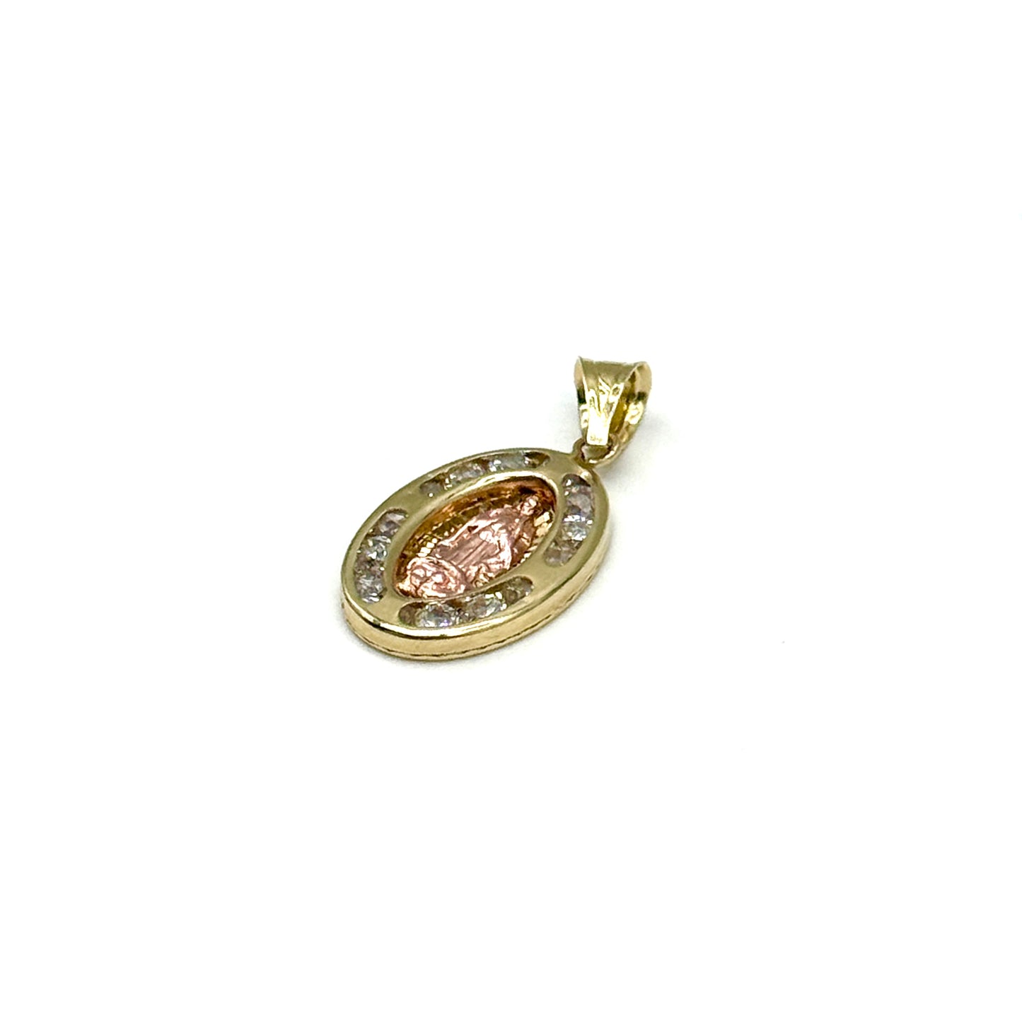 14K Two Tone Gold Virgin Mary Pendant Oval CZ Religious Charm 0.75 Inch 1 Gram