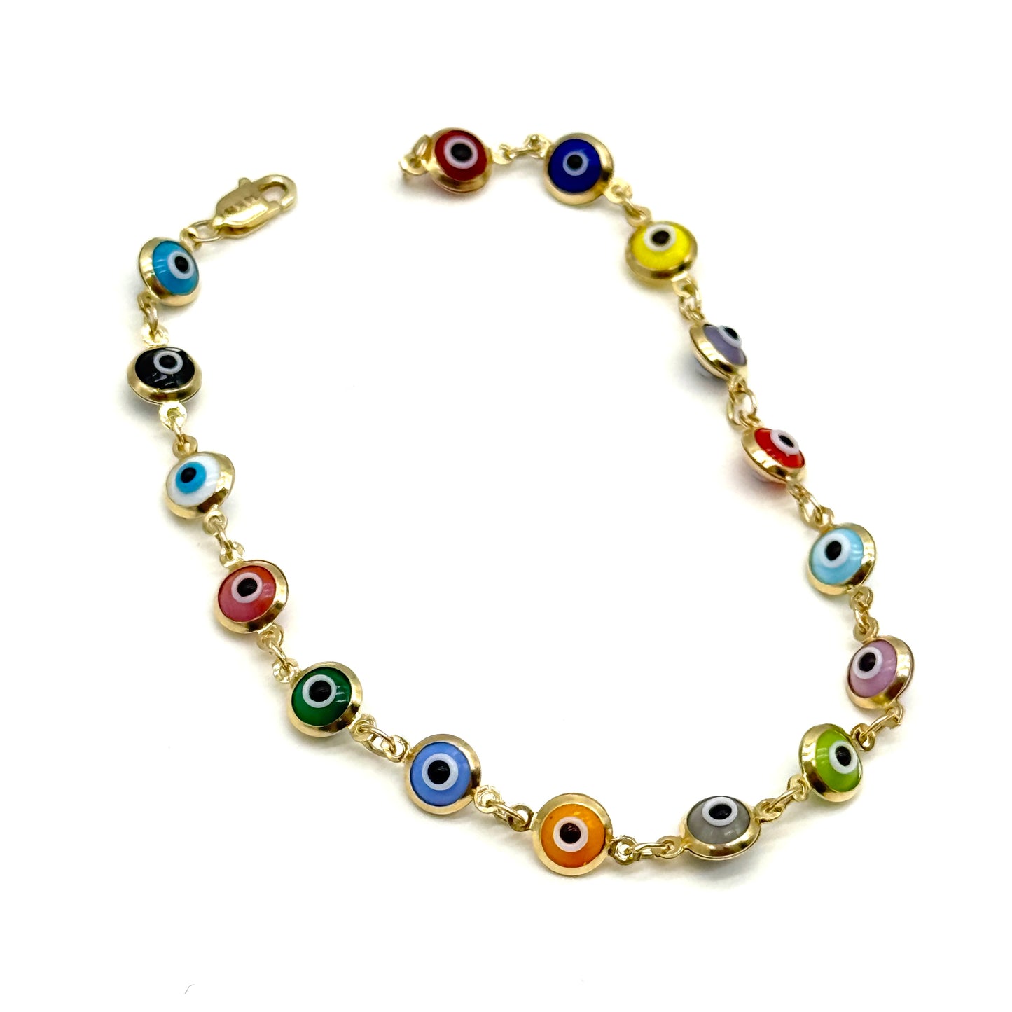 14K Yellow Gold Multicolor Evil Eye Bracelet 7” Protection Charm 3.5G