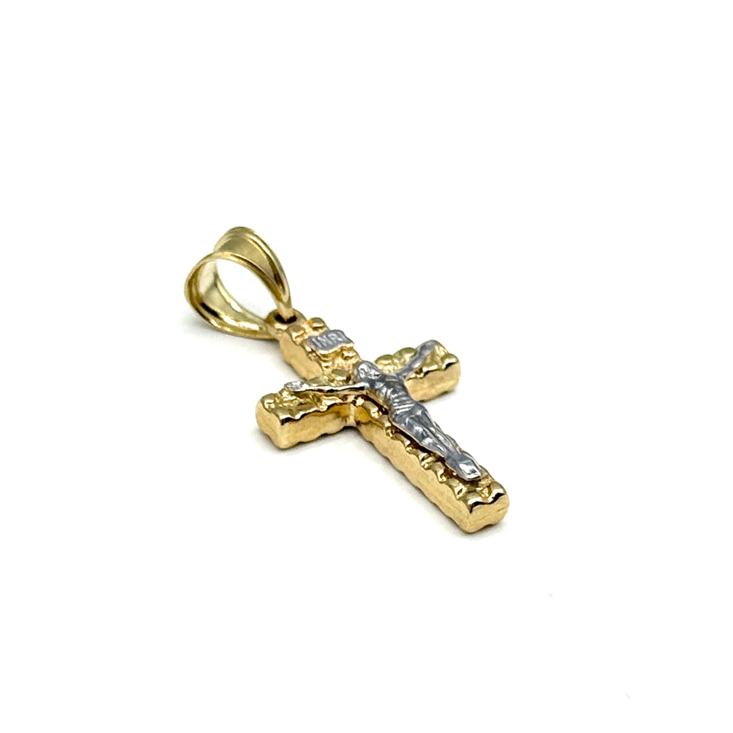 14K Two Tone Gold Nugget Crucifix Pendant 1.4 Inch Textured Religious Cross 1.6 Grams