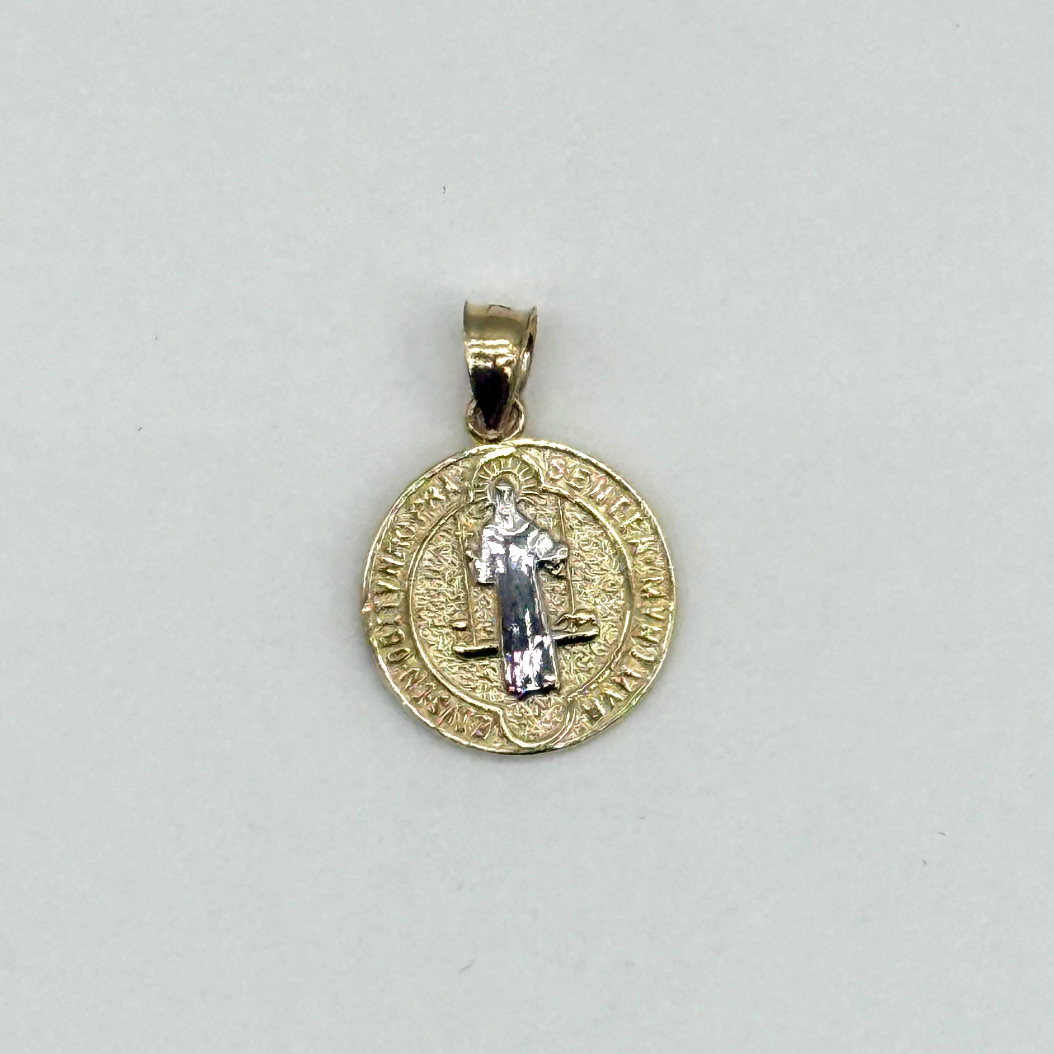 14K Two-Tone Gold Saint Benedict Medal Pendant 1.5 grams Religious Charm 0.5”