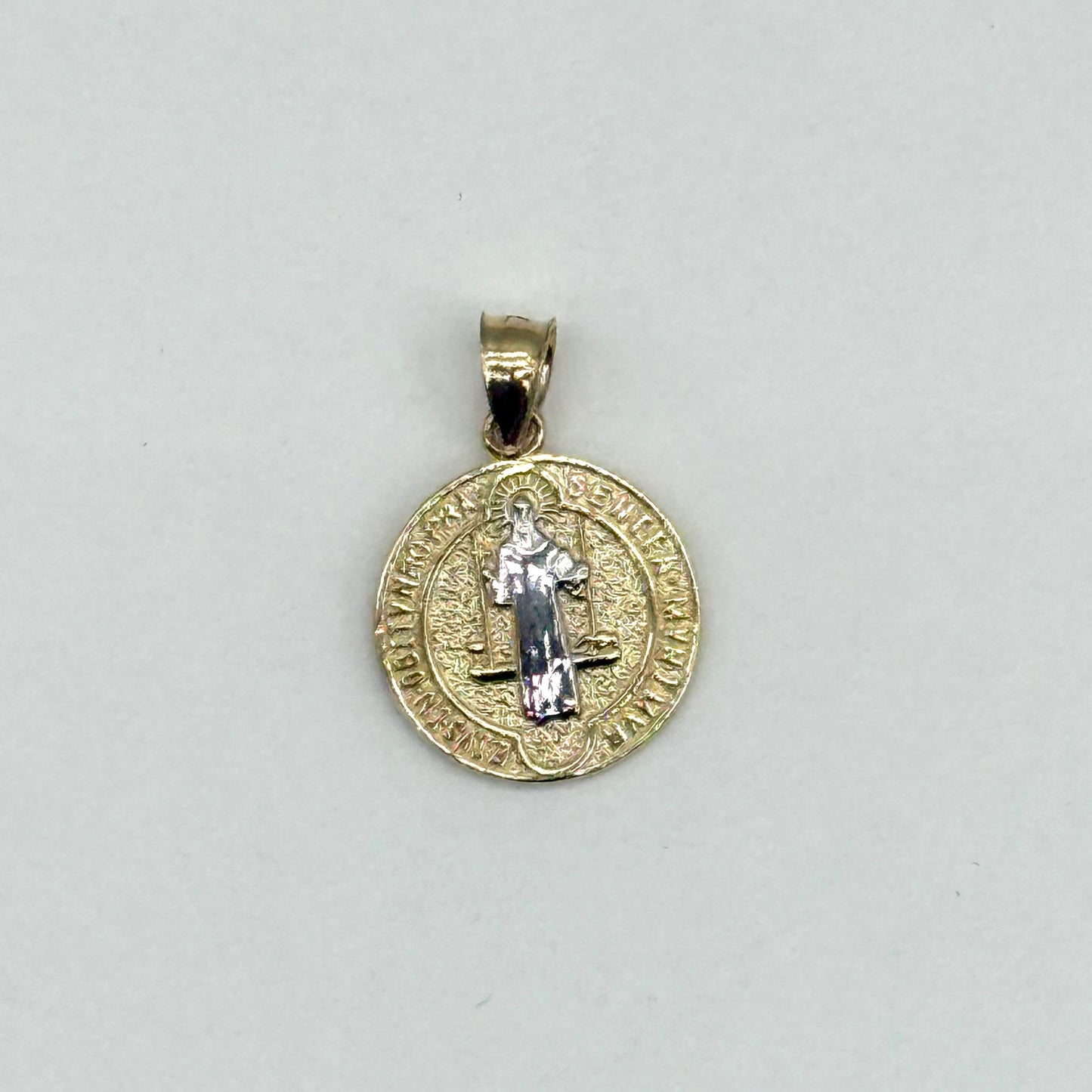 14K Two-Tone Gold Saint Benedict Medal Pendant 1.5 grams Religious Charm 0.5”
