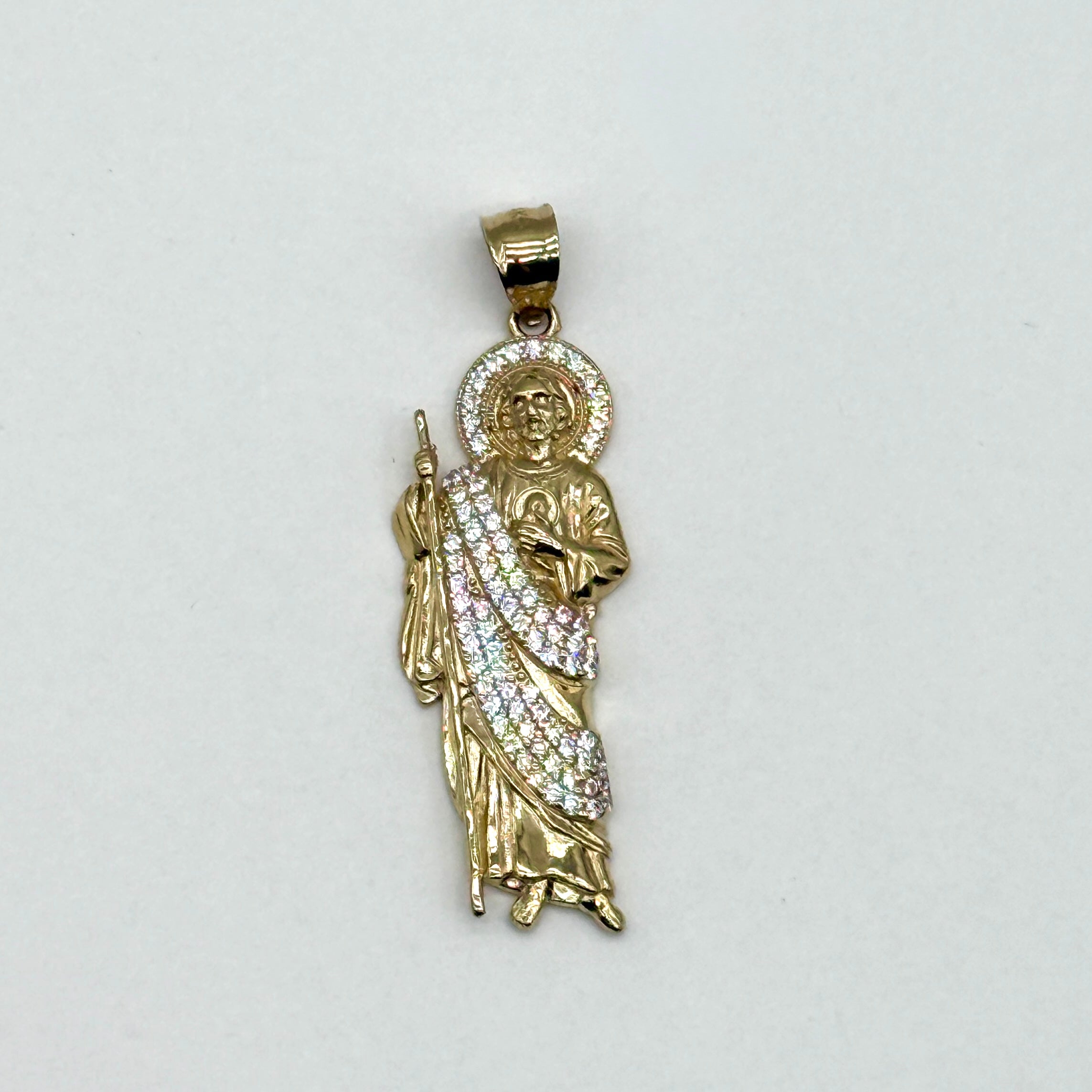 14K Two Tone Gold CZ San Judas Pendant 2” Saint Jude Religious Charm 5.7 Grams