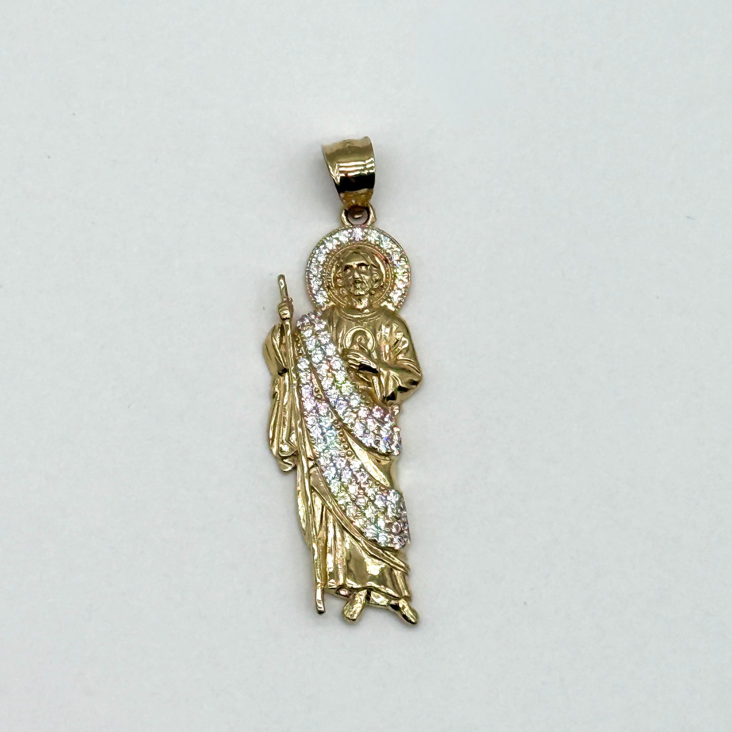 14K Two Tone Gold CZ San Judas Pendant 2” Saint Jude Religious Charm 5.7 Grams