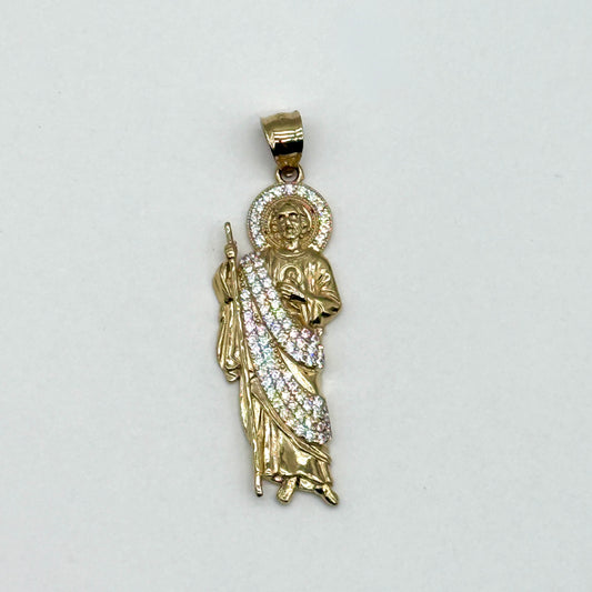 14K Two Tone Gold CZ San Judas Pendant 2” Saint Jude Religious Charm 5.7 Grams