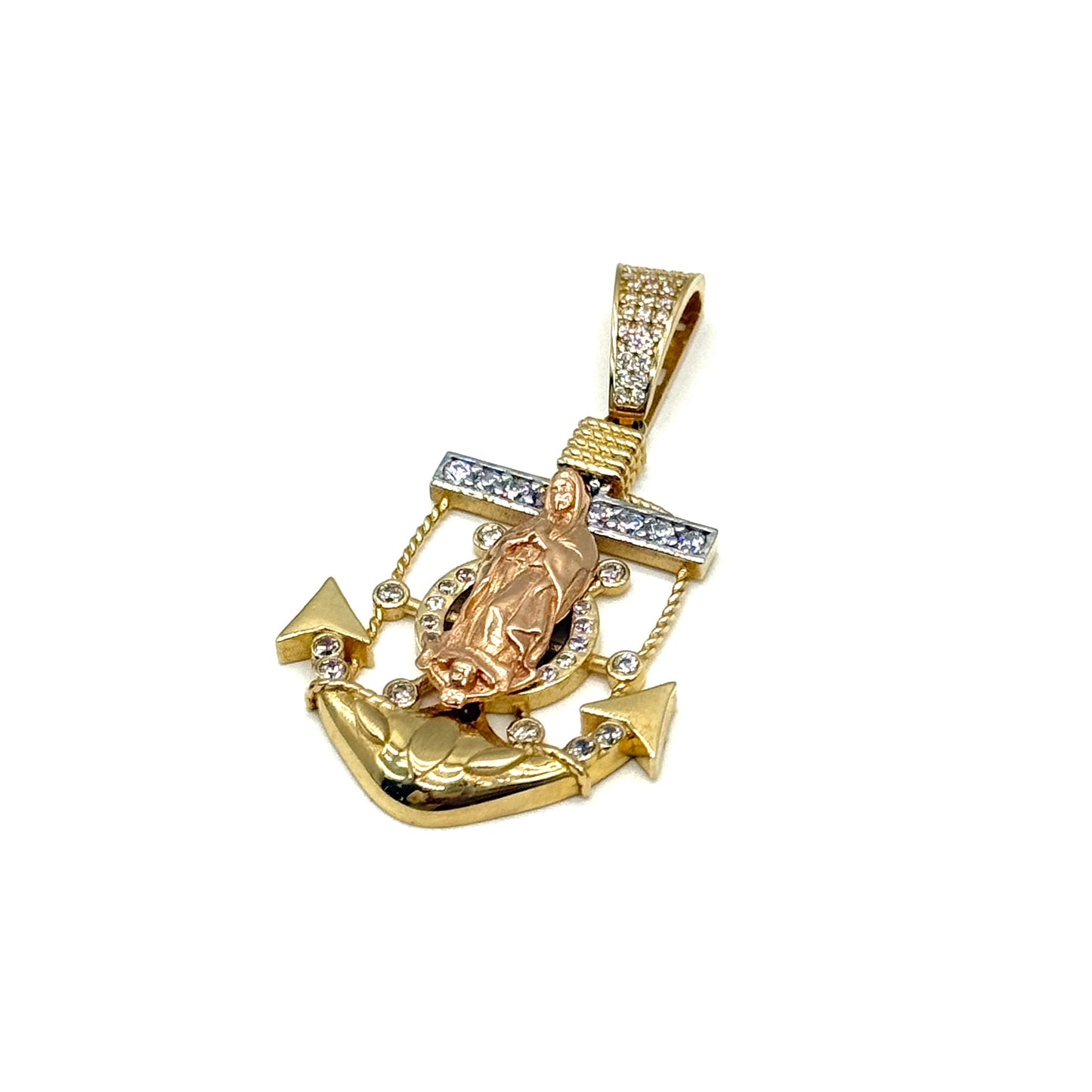 14K Three Tone Gold CZ Anchor Pendant 2 Inch Religious Nautical Charm 7.7 Grams