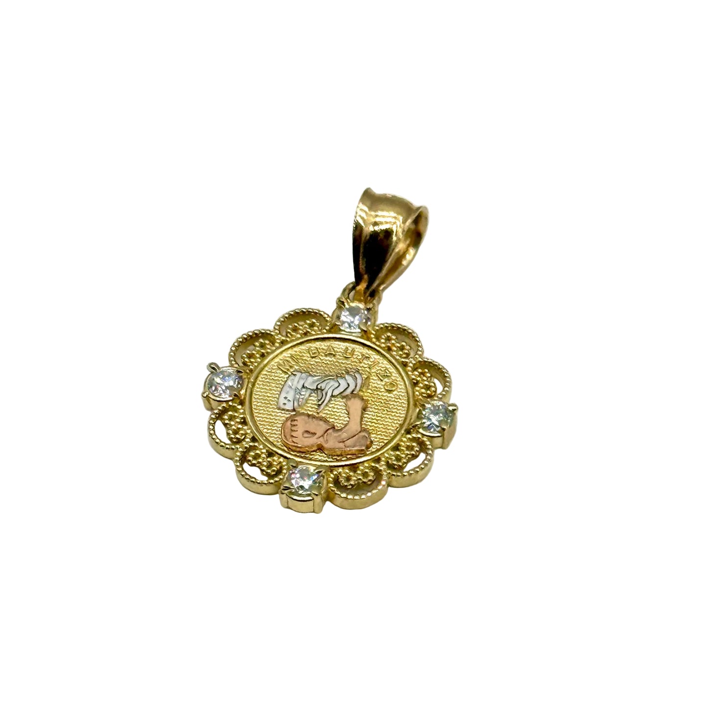 14K Three-Tone Gold Mi Bautizo Pendant 1” CZ Religious Baby Medal 1.7g