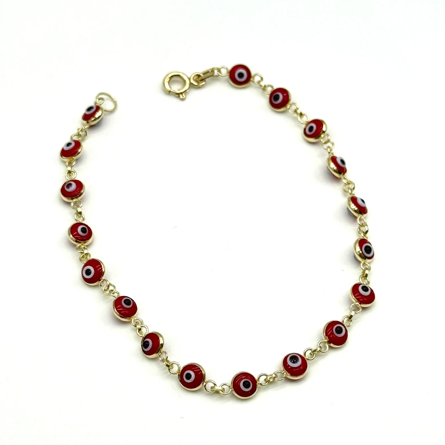 14K Yellow Gold Red Evil Eye Bracelet 7” 4.3mm 2.4 Grams Beads Protection Charm