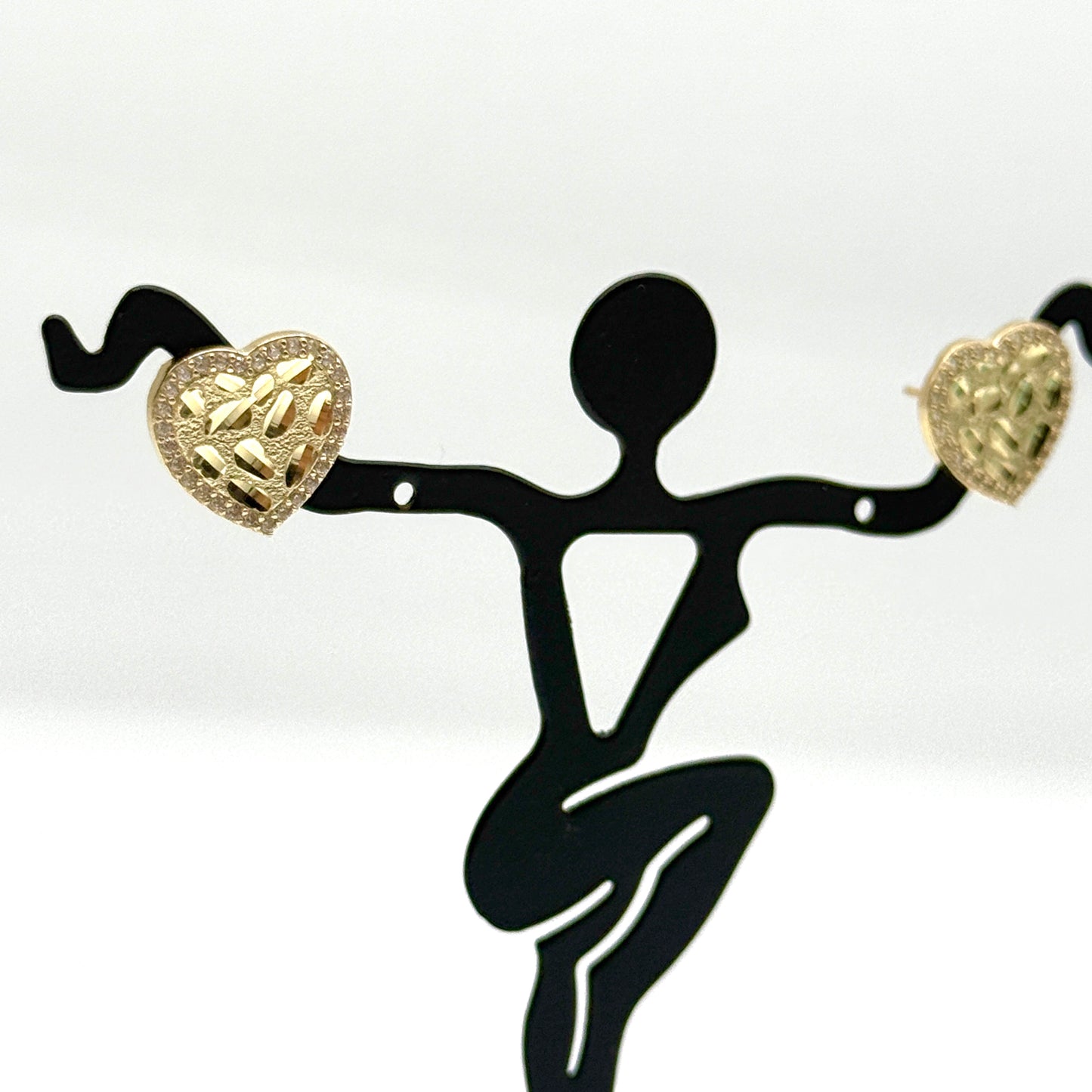 10K Yellow Gold CZ Nugget Heart Earrings 13mm Diamond Cut Studs 2.8g