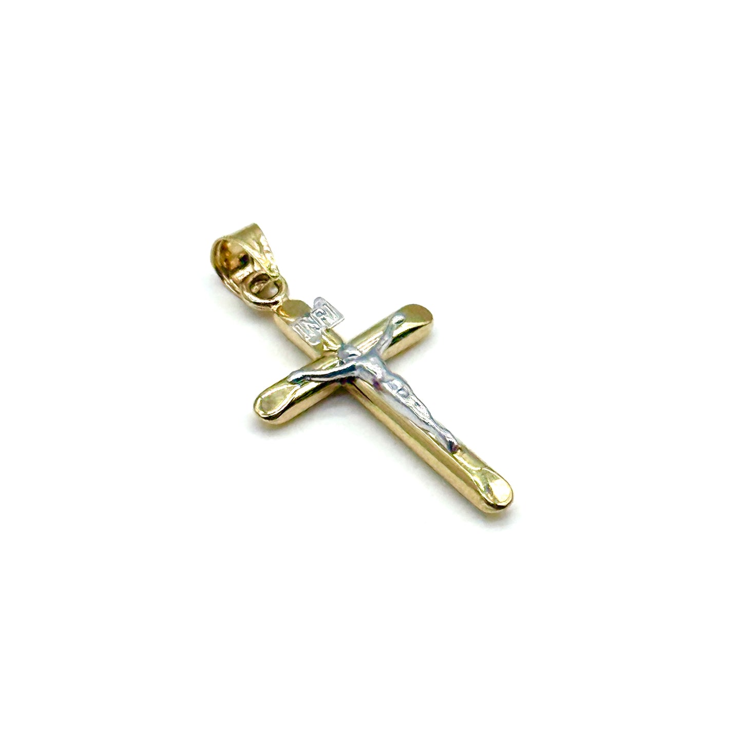 14K Two Tone Gold Crucifix Pendant 1 Inch Religious Cross 0.6 Grams
