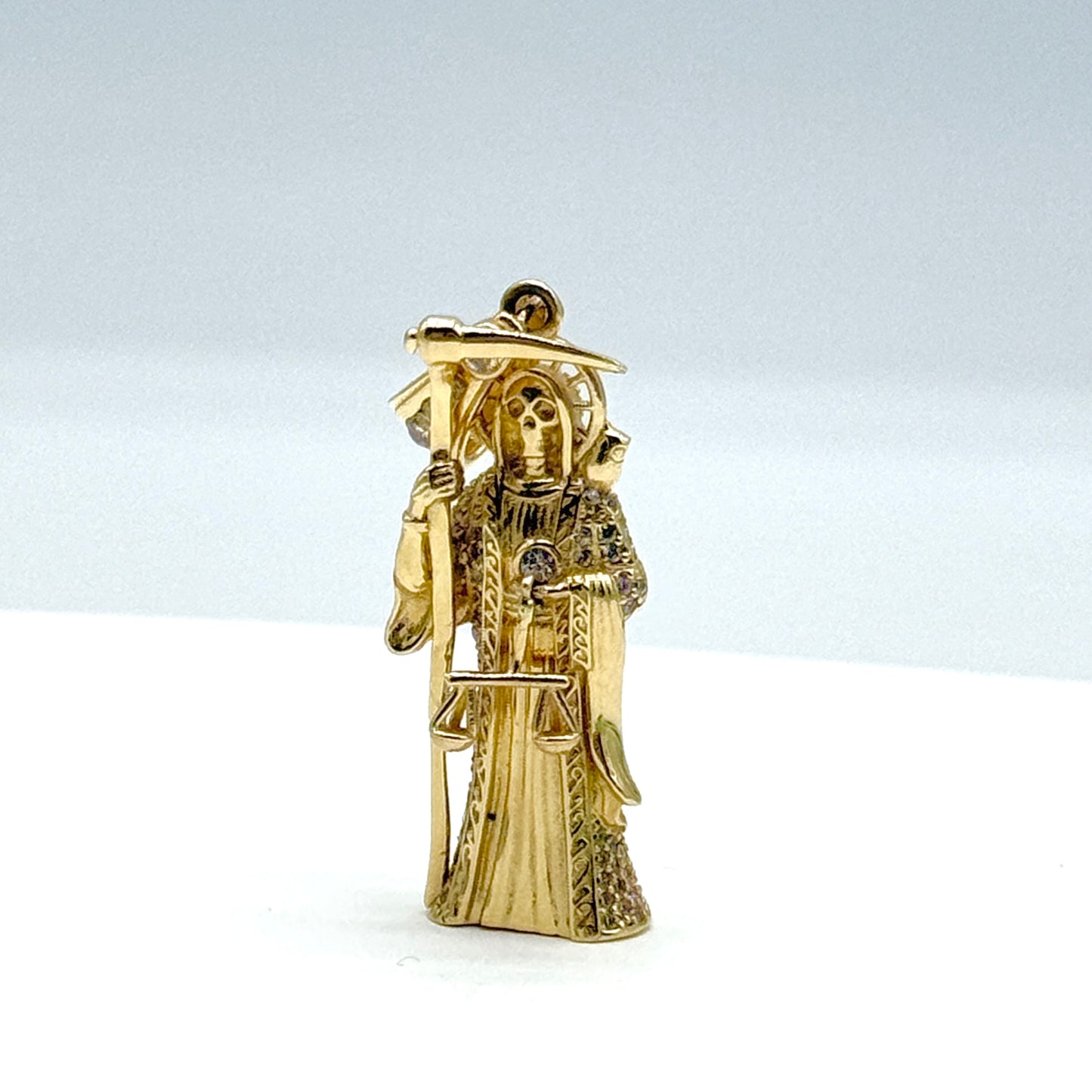 14K Yellow Gold Santa Muerte CZ’s Pendant 2 Inch Solid Gold Religious Charm 9.9 Grams