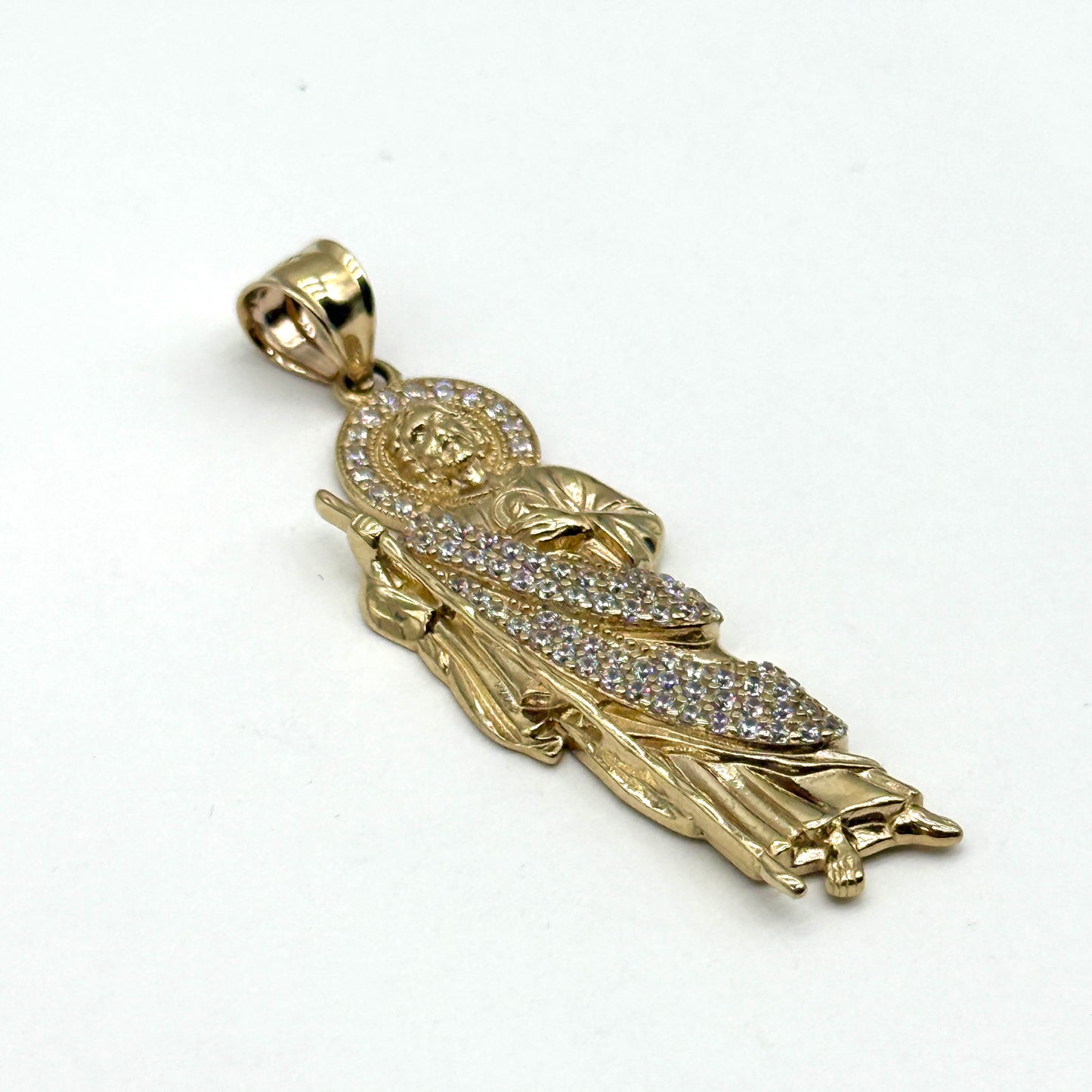 14K Two Tone Gold CZ San Judas Pendant 2” Saint Jude Religious Charm 5.7 Grams