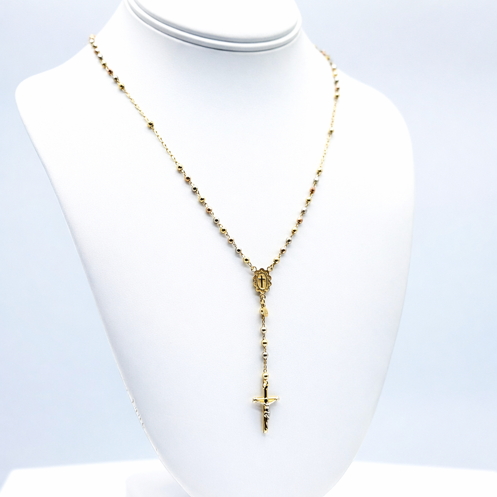 14K Yellow Gold Rosary Necklace 18 Inch 3mm Beaded Rosario 7.3 Grams Cross Pendant
