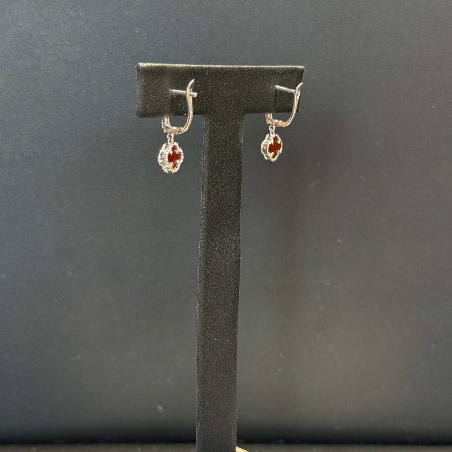 18K White Gold Red Clover Flower Earrings