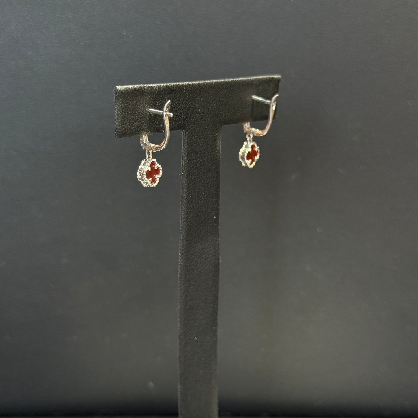 18K White Gold Red Clover Flower Earrings