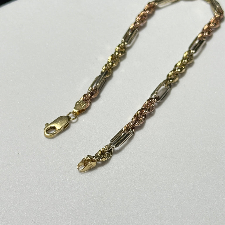 14K Yellow Gold Three Tone Figarope Bracelet 8