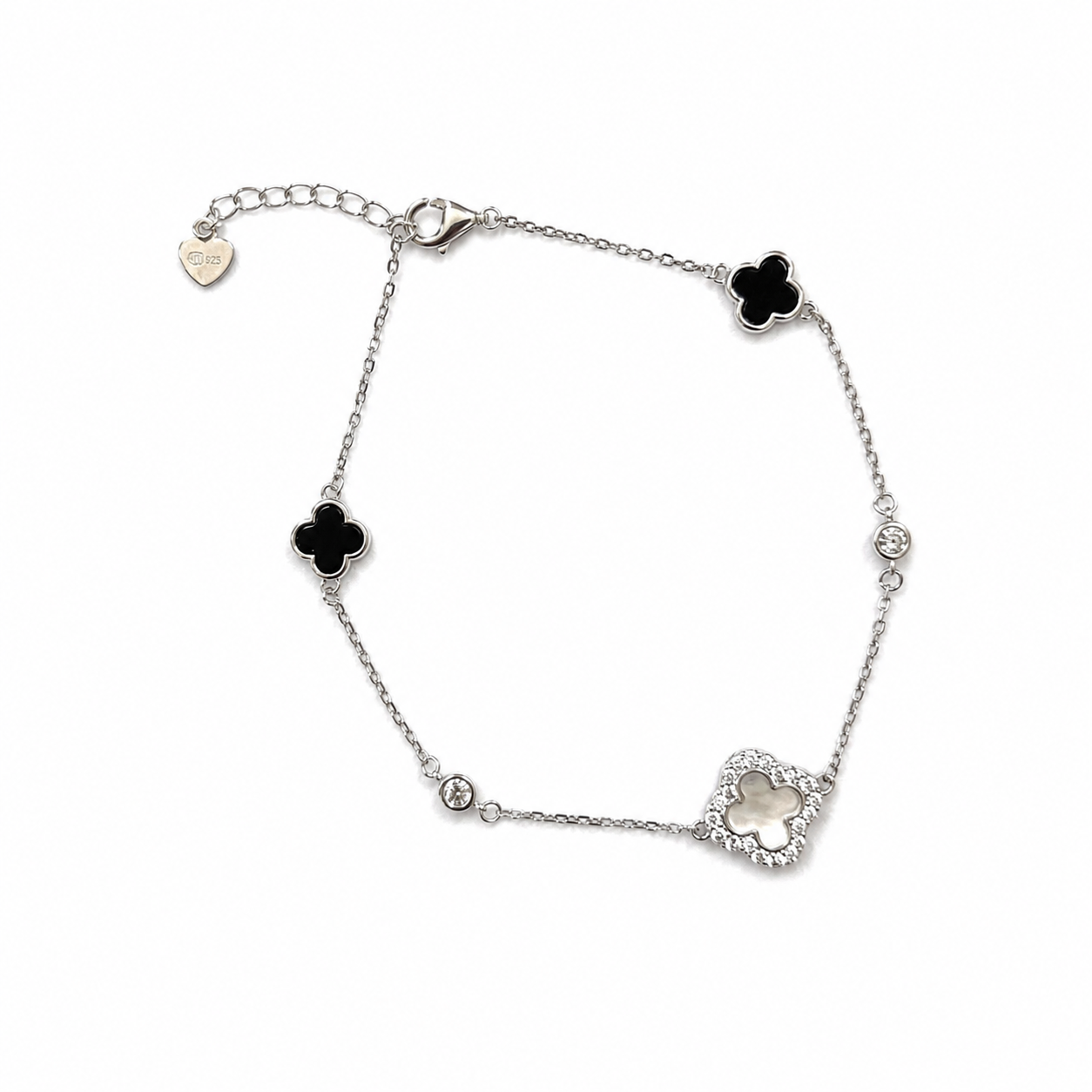 Item 9 - Silver Black and White Clover Bracelet 7"