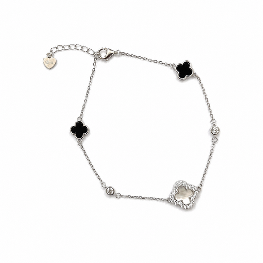 Item 9 - Silver Black and White Clover Bracelet 7"