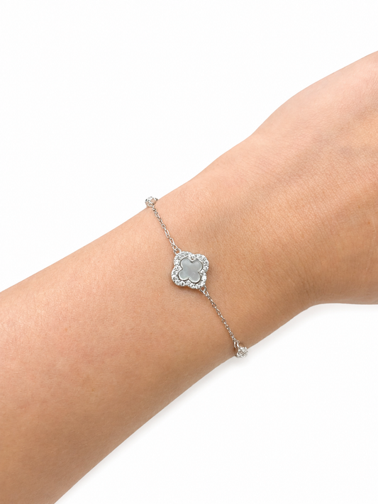 Item 9 - Silver Black and White Clover Bracelet 7"