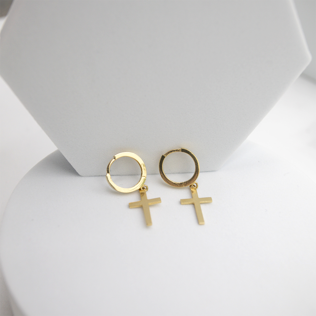 14K Yellow Gold Religious Cross Dangle Earrings