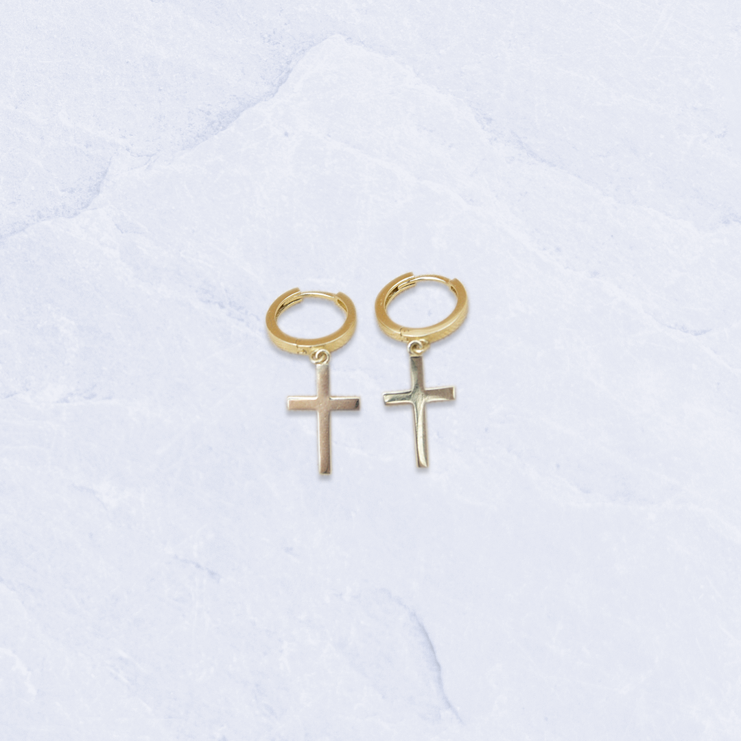 14K Yellow Gold Religious Cross Dangle Earrings